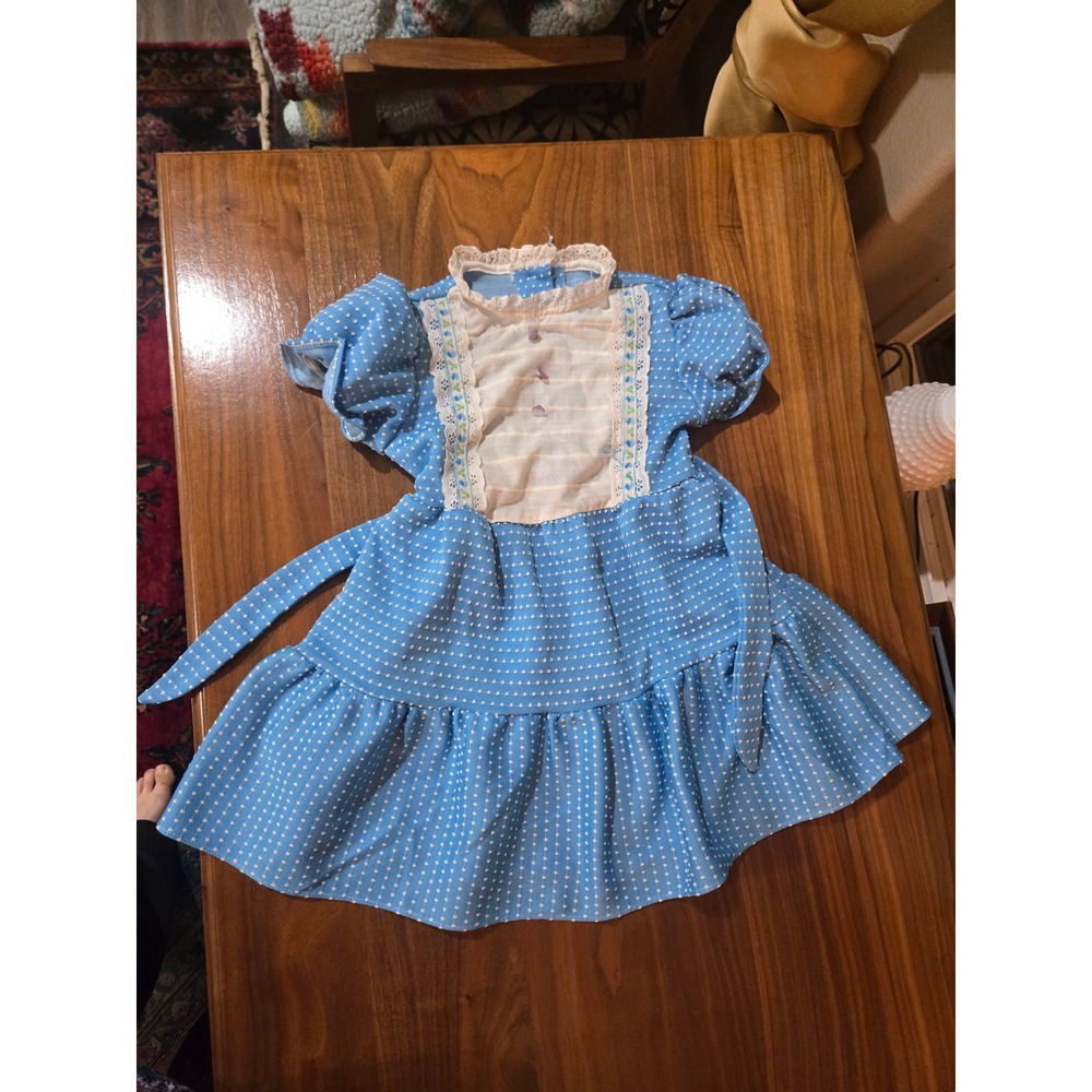 Vintage Girls Blue Swiss Dot Prairie Dress Lace Floral Bib Ruffle Cottagecore 2T